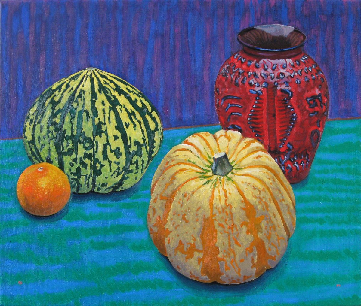 Still Life Oil Painting By Richard Gibson, 26 X 22", Squashes, Clementine And Vase, Original Artwork