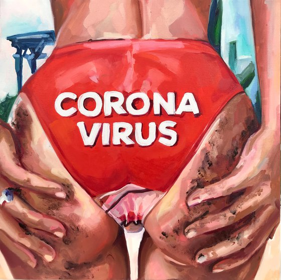 CORONAVIRUS - oil painting, original gift, girl, red, red trunks, ass, office decor, home interior