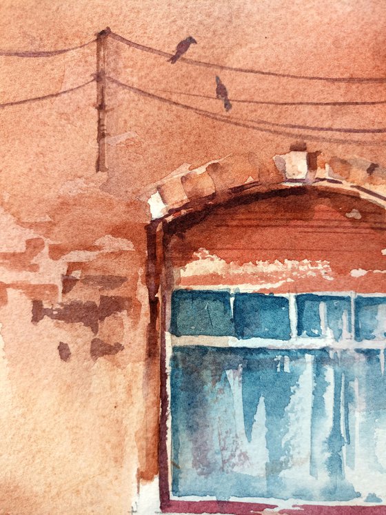 Original watercolor painting "Fabulous windows and doors of the city of Bruges"