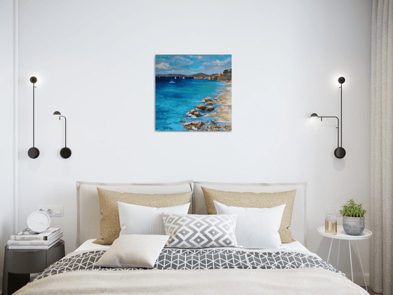 Coastal beach oil painting blue ocean landscape wall decor 20x20"