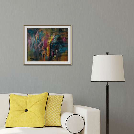 Overview Effect, original abstract art oil painting, Earth dark colors, grays, black, yellow, blue, purple