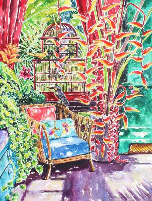 Feathering The Nest An Original Tropical Home Watercolor Painting by Kristen Olson Stone