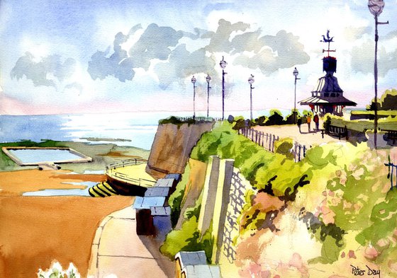 Broadstairs Clock Tower, June. Kent. Beach, Cliffs and Beach Huts.