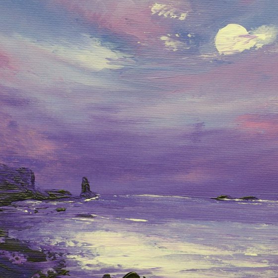 Purple Moonlit Seastack, seascape painting