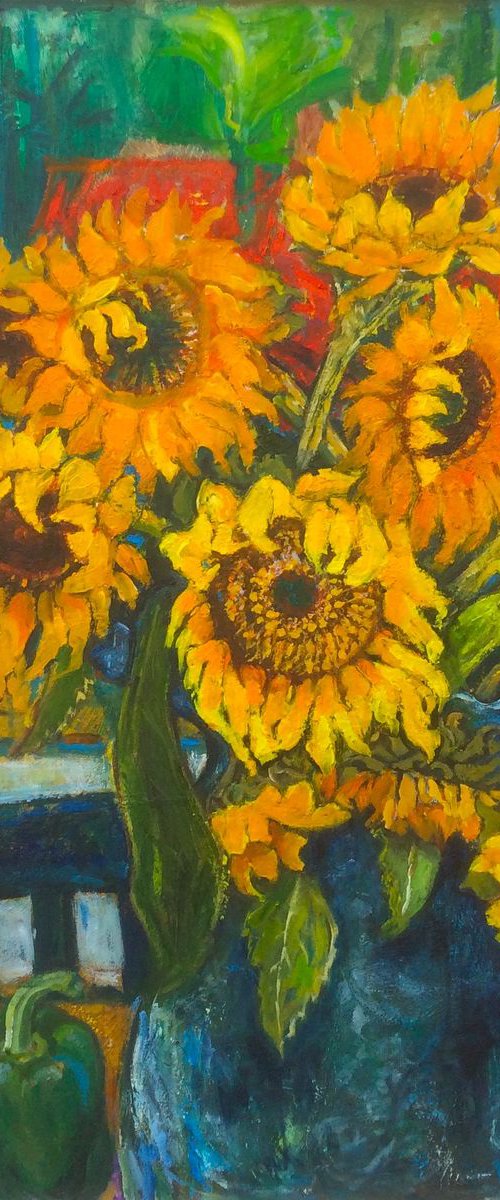 SUNFLOWERS WITH A GREEN PEPPER 2 by Patricia Clements