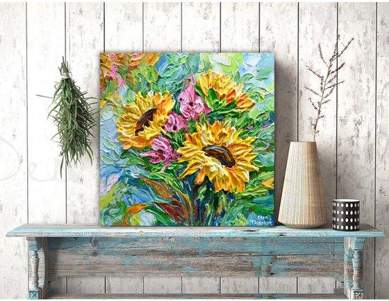 Sunflower Bouquet - Original Floral Painting on Canvas, Palette Knife Art, Textured Impasto Artwork