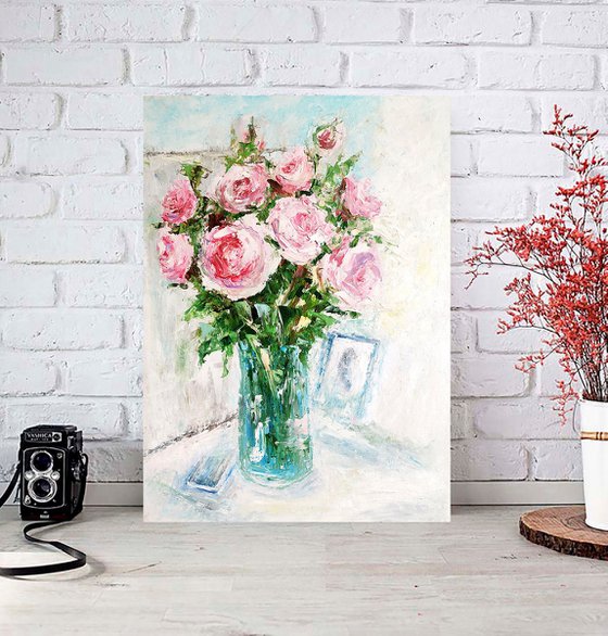 Roses Painting Original Art Pink Flower Bouquet Floral Wall Art