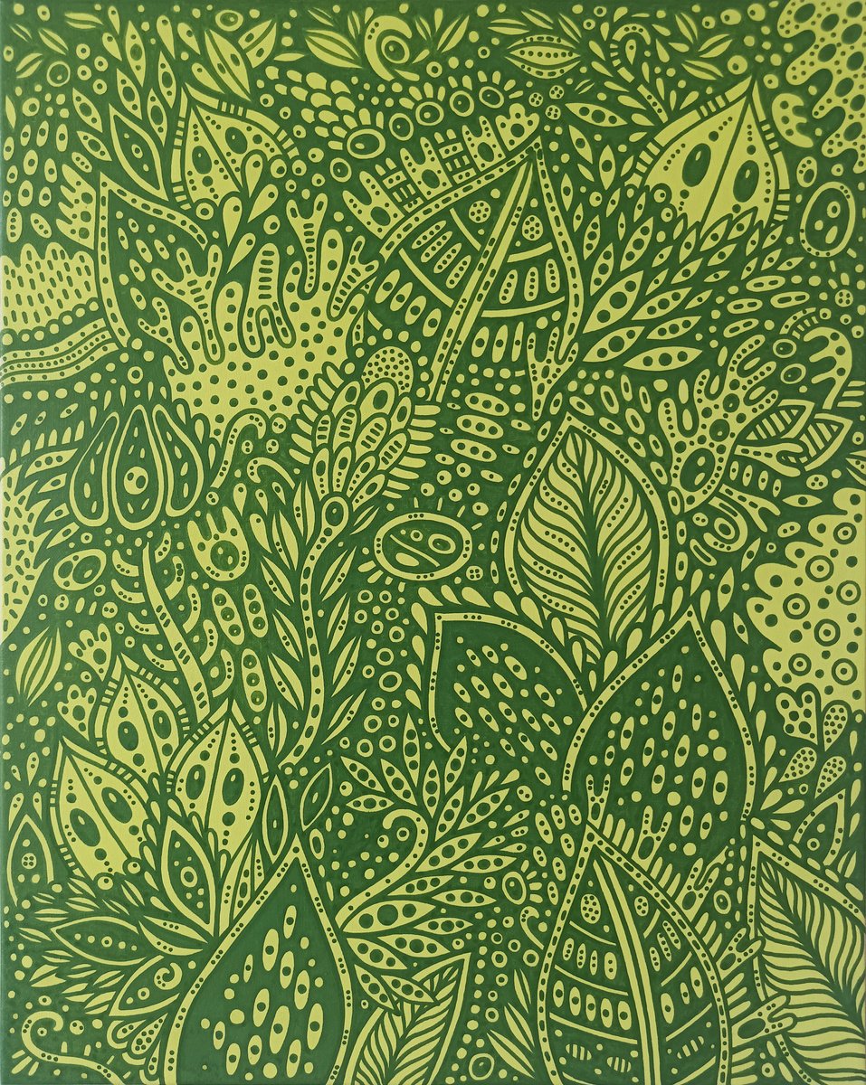 Naive Botanical Acrylic Painting By Veronika Demenko, 16 X 20", Tropical Eden N.21, Original Artwork