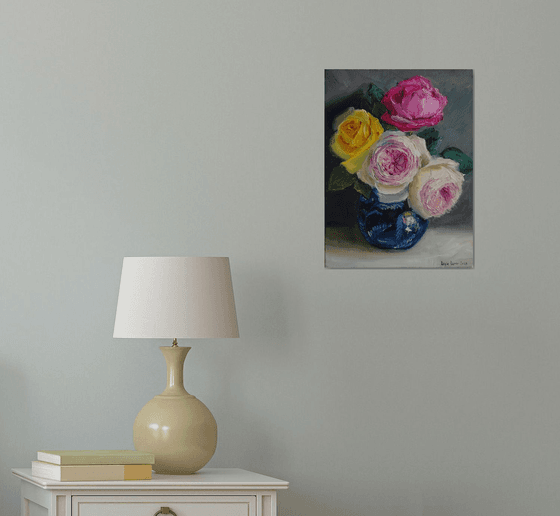 Pink and white roses bouquet in porcelian vase oil painting original still life 12x16"