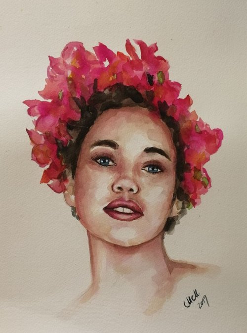 Girl with flowers - original watercolor portrait by Mateja Marinko