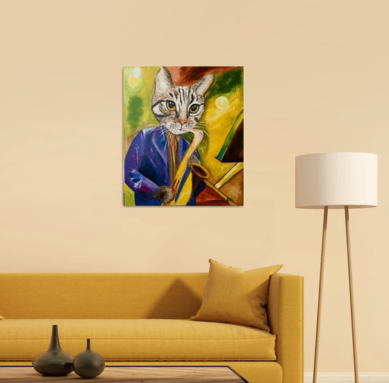 Cat  Saxophonist, musician, feline art for cat lovers