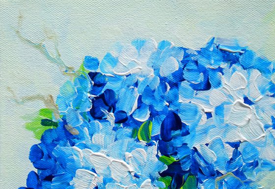 White and Blue Hydrangea Small Painting on Canvas. Impressionistic Stile Flowers Abstract Floral. Modern Impressionism Contemporary Art