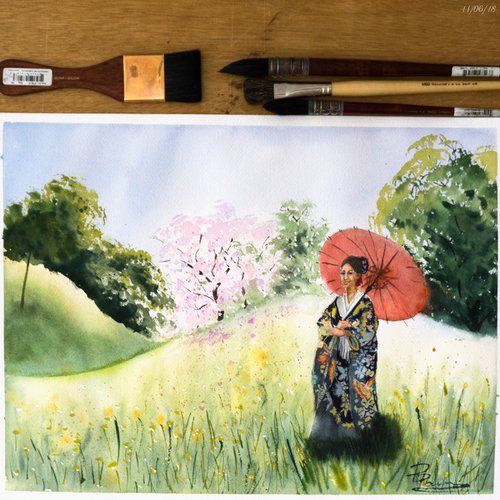 Japanese woman on the meadow by Olga Shefranov (Tchefranov)