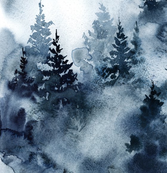 Pine trees forest in blue triptych Original watercolor painting