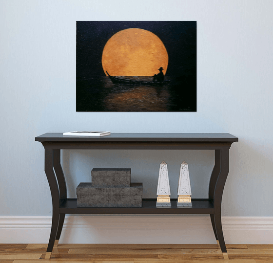 Magic Night - full moon, starry night, boat on lake;  home, office décor