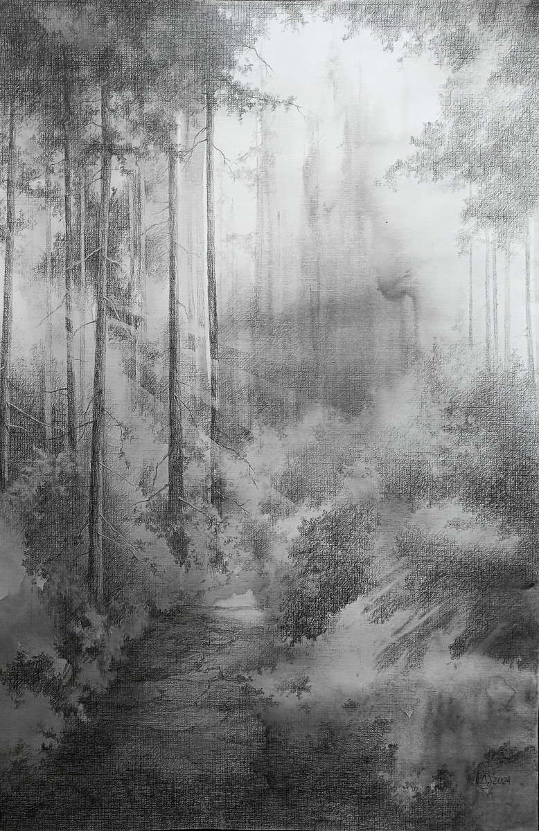 Impressionistic Landscape Drawing By Oksana Duchenchuk, 16 X 24", In The Forest Ii, Original Artwork