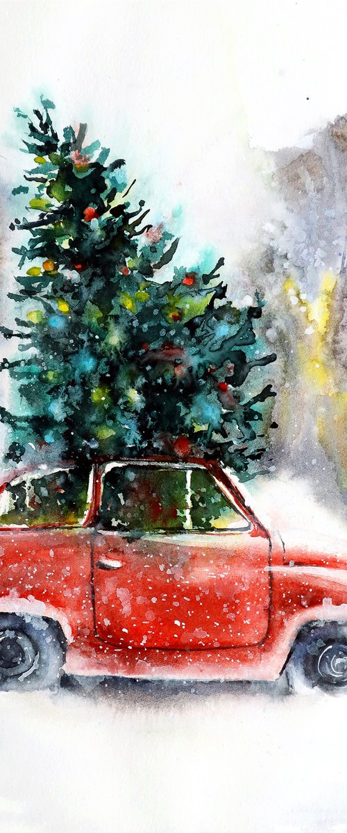 Christmas Art - ORIGINAL Watercolor Painting - Holidays Spirit - Red Retro Car in Snow by Yana Shvets