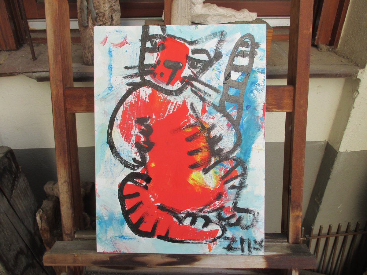 Expressive Animal Acrylic Painting By Sonja Zeltner-Muller, 12 X 16", Expressive Red Cat 11,8 X 15,7 Inch, Original Artwork