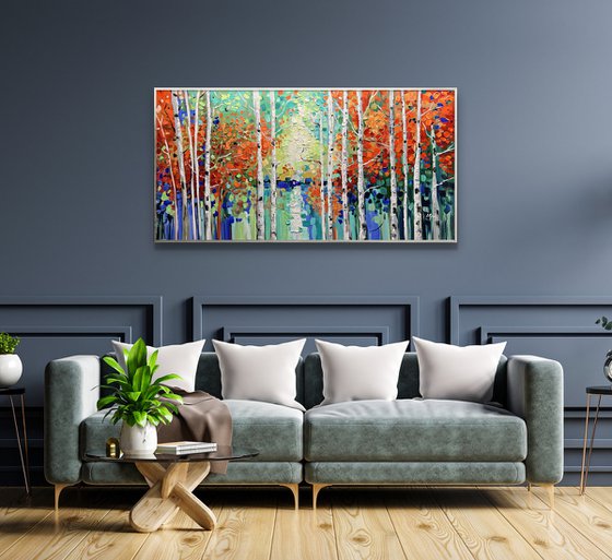 Woodlands Magic - Original Abstract Tree Painting, Colorful Trees Painting, Large Original Nature Landscape Modern Texture Painting Boho Wall Art Living Room Decor - Size: 48 x 24 inches (120 x 60 cm)