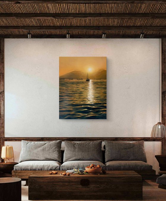 Peace of mind. Sailboat at sunset