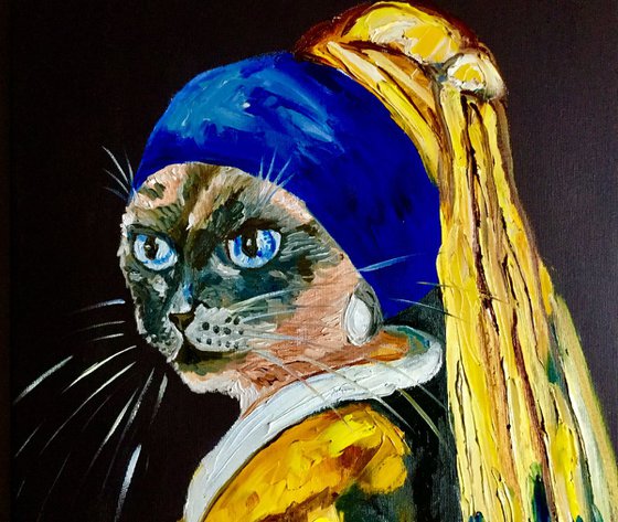 Siamese Cat with the pearl earring. Feline art. Blue eyes. Gift idea for cat lovers