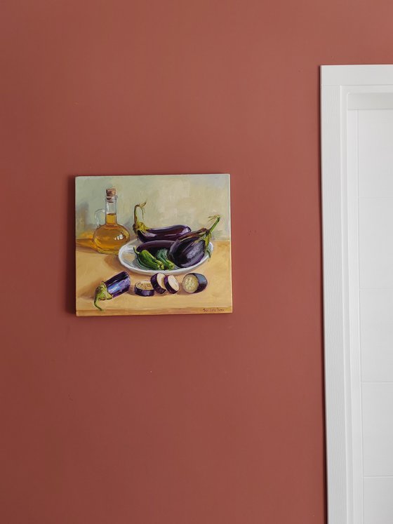 Blue Eggplant Vegetables in a Plate with olive oil still life painting