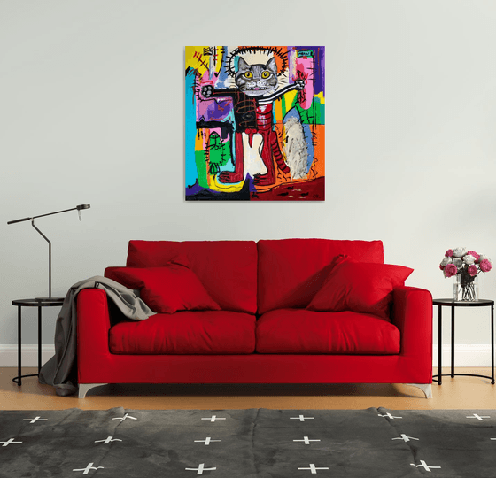 Red Cat Troy King, (102 x 91cm, 40 x 36 inches ) version of painting by Jean-Michel Basquiat  Untitled GLOW IN THE  DARK