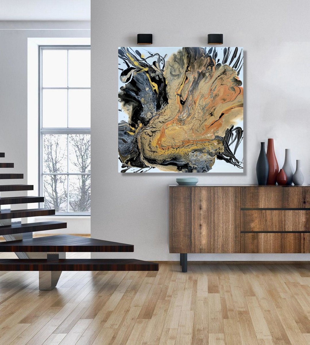 Abstract Acrylic Painting By Julijana Ravbar, 24 X 24", The Shining Of Gold #3, Original Artwork