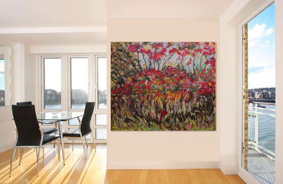 CHARMING AUTUMN COLOURING - XL large landscape painting original, oil on canvas, red autumn, interior art home decor 170x200