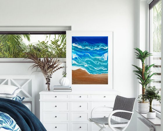 On the beach - original seascape artwork, epoxy resin on canvas