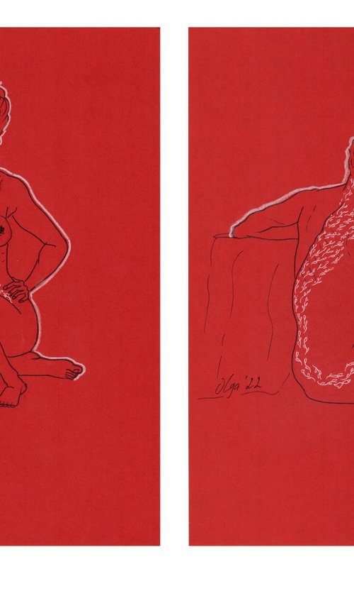 Set of 2 nude women - Red and white sensual diptych - Erotic mixed media drawings by Olga Ivanova