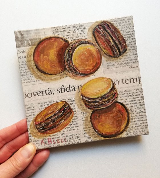 "Macaroons on Newspaper" Original Oil on Canvas Board Painting 6 by 6 inches (15x15 cm)