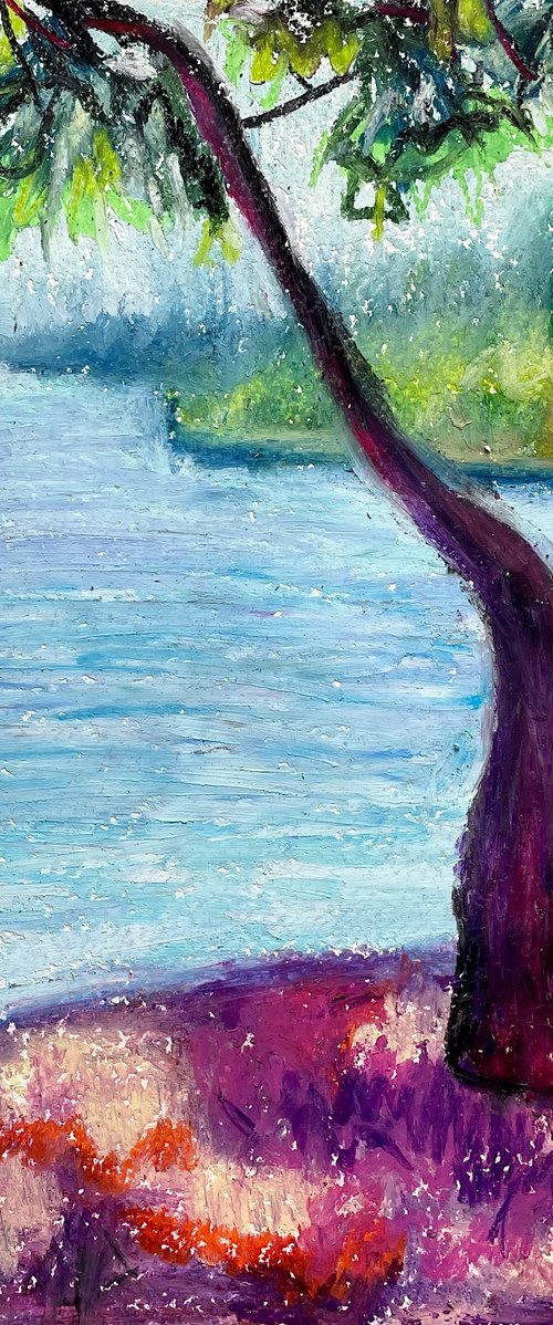 Sea Original Painting, Tree and Beach Oil Pastel Drawing, Seascape Art, Coastal Home Decor by Kate Grishakova