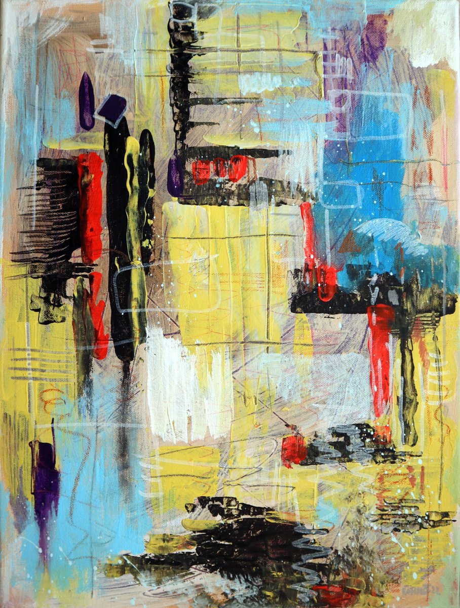 Abstract Cityscapes Acrylic Painting By Rakhmet Redzhepov, 12 X 16", City After The Rain., Original Artwork