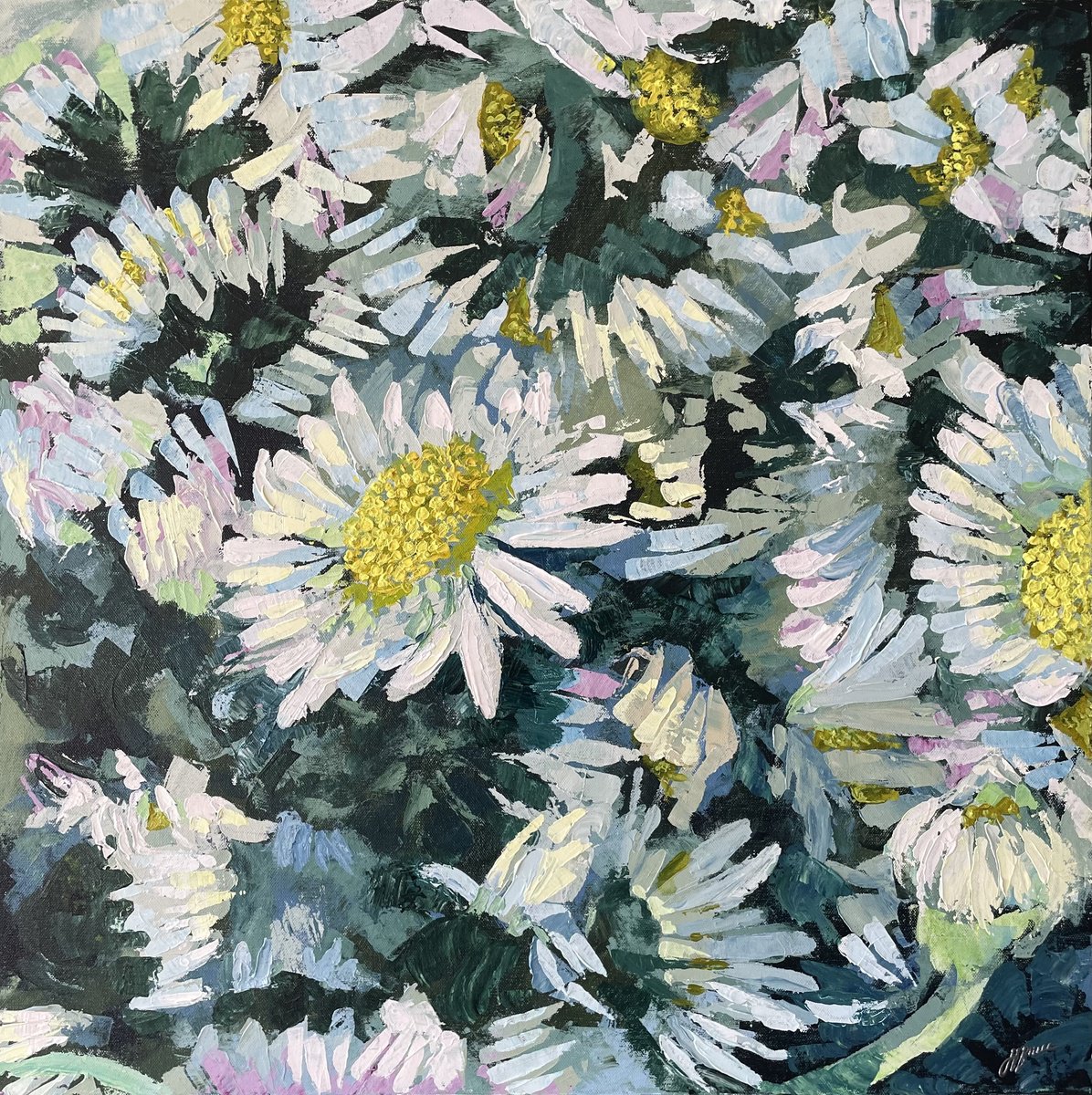 Impressionistic Botanical Acrylic Painting By Hannah Bruce, 24 X 24, A Handful Of Daisies, Original Artwork