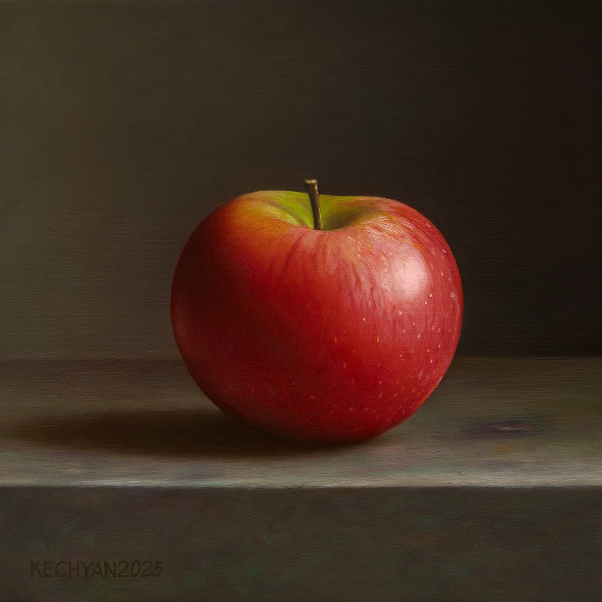 Photorealistic Still Life Oil Painting By Albert Kechyan, 8 X 8, Lonely Apple, Original Artwork