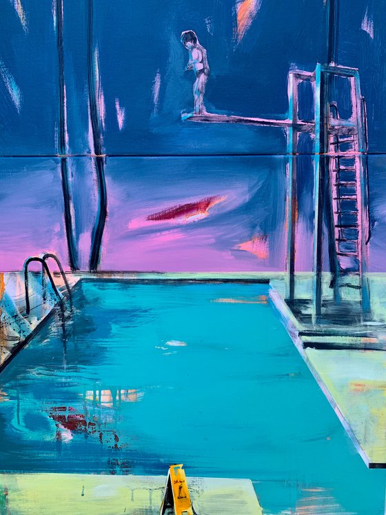 Big vertical painting - "Jump moment" - Pop Art - Palms - Swimming pool - Diptych