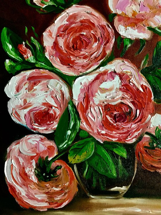 BOUQUET OF CORAL ROSES #2   palette knife modern red pink still life  flowers Dutch style office home decor gift