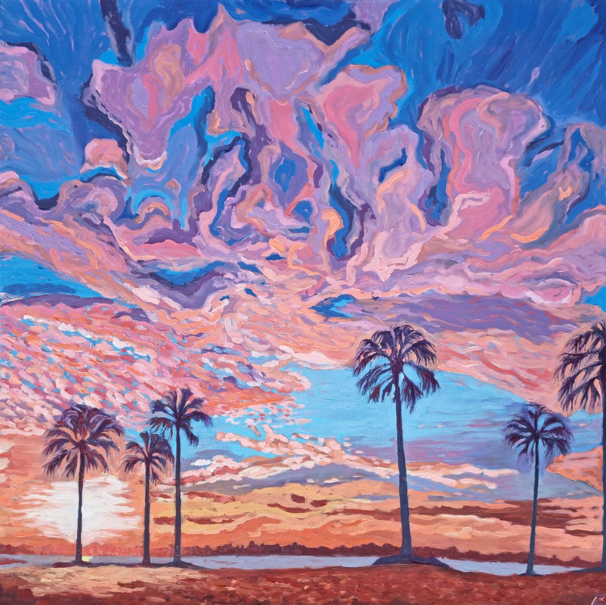 Impressionistic Landscape Oil Painting By Zulfiya Mukhamadeyeva, 31 X 31", Palms Sky, Original Artwork