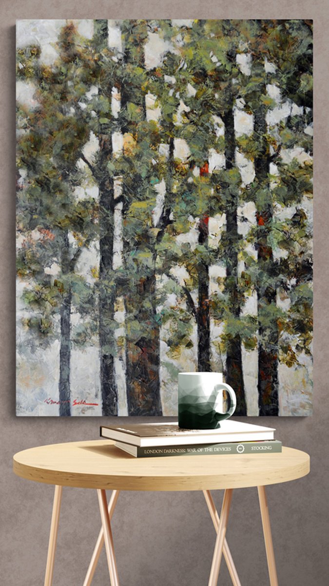 Impressionistic Botanical Acrylic Painting By Kanayo Ede, 30 X 40", Trees Are Green., Original Artwork