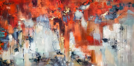 Turn Over - Extra Large Abstract Painting 80" x 40" , Oversize Canvas, Red, Gray, Gold Leaf Soft Colors White Gray Painting