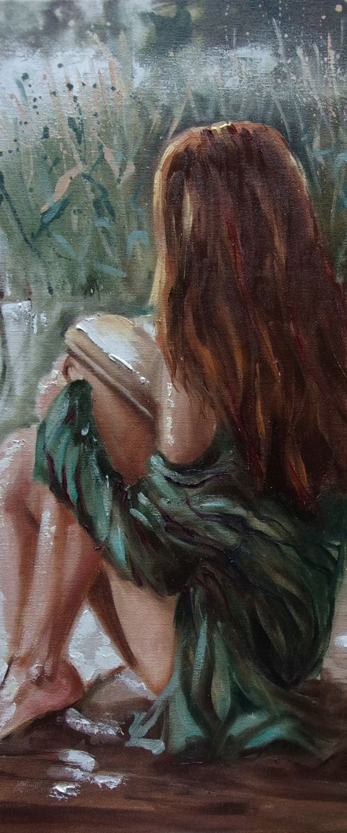 " A LAKE FROM MY BOOK ... "  original OIL painting palette knife reading book GIFT MODERN URBAN ART OFFICE ART DECOR HOME DECOR GIFT IDEA by Monika Luniak