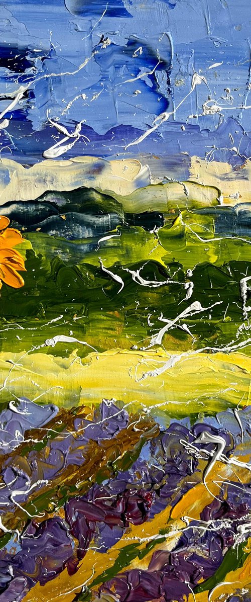 Sunflower Painting Lavender Original Art Ukraine Impasto Oil Landscape Artwork Floral Wall Art 10 by 10 in by Halyna Kirichenko