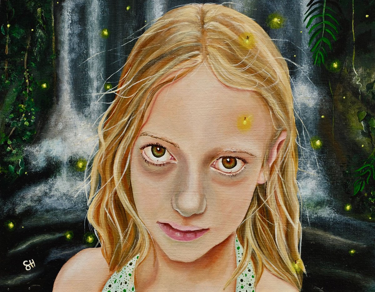 Photorealistic Portrait Acrylic Painting By Saskia Huitema, 12 X 10", Fireflies, Original Artwork