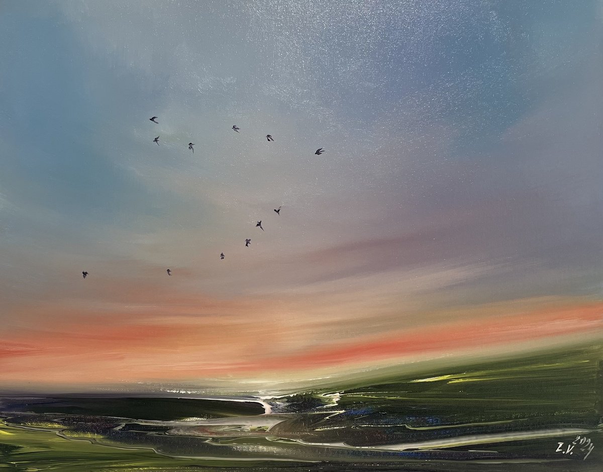 Impressionistic Landscape Acrylic Painting By Timea Valsami, 20 X 16", Whispers Of Sunset, Original Artwork