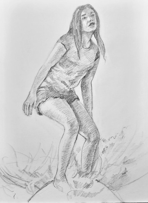 Surfing Girl Learning to surf Pencil sketch by Asha Shenoy
