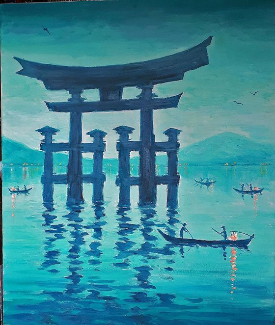 nocturne: nocturne: fishing boats near itsukushima torii gate