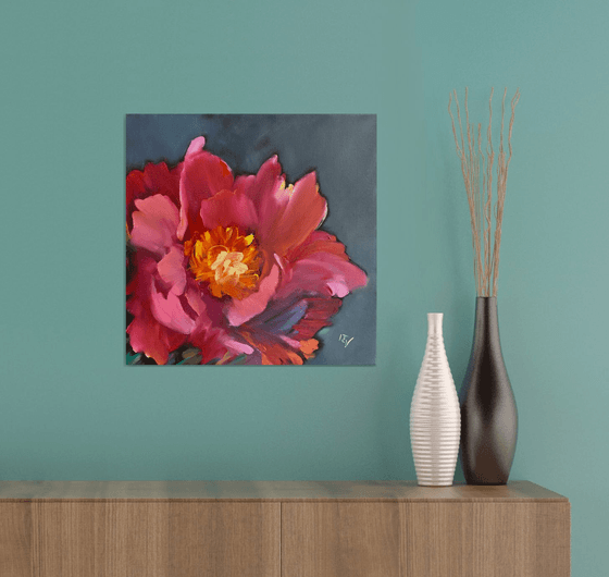 Original oil painting red peony on canvas