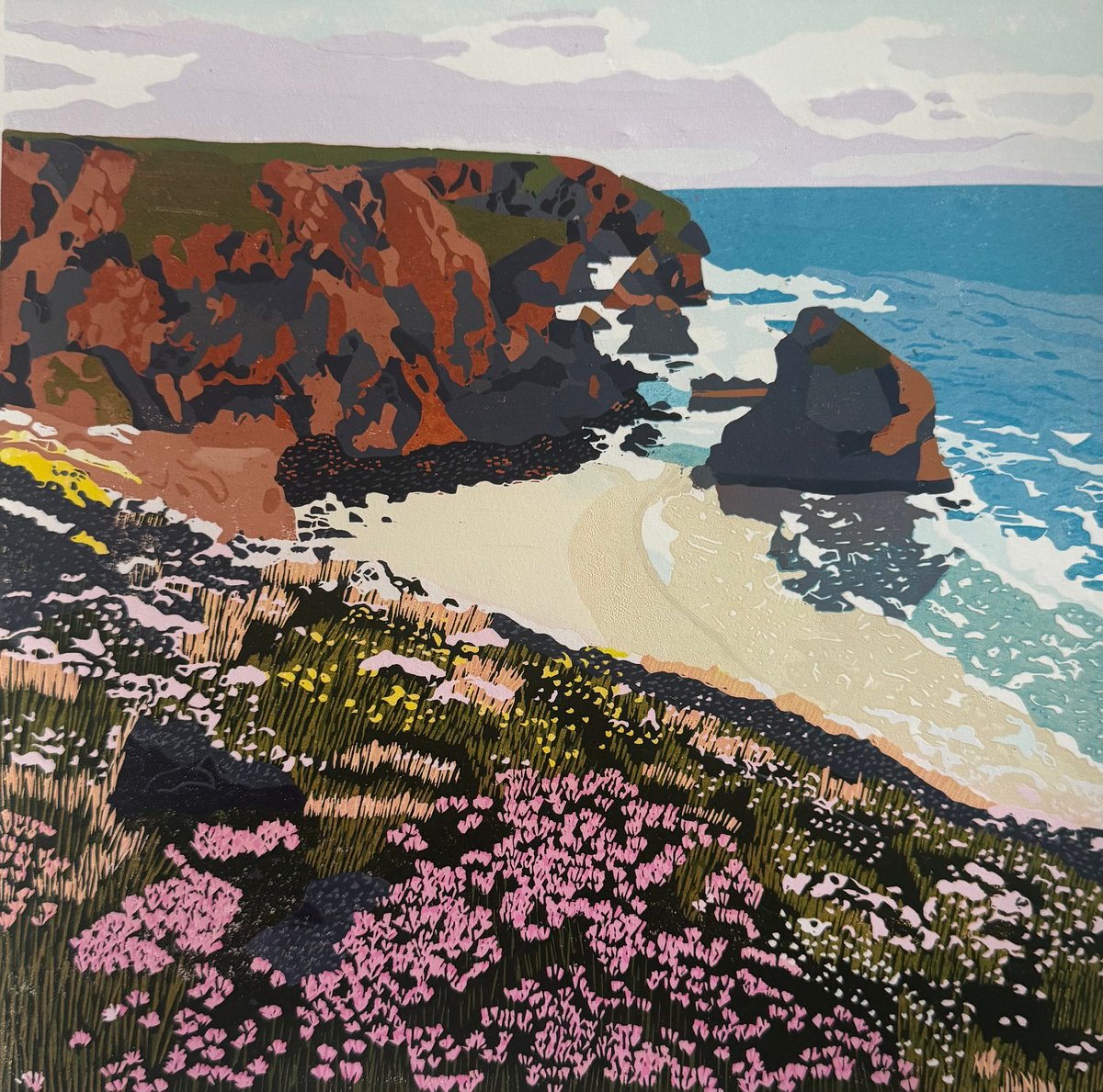 Impressionistic Landscape Linocut By Joanne Spencer, 12 X 12, Coastal Chorus, Original Artwork