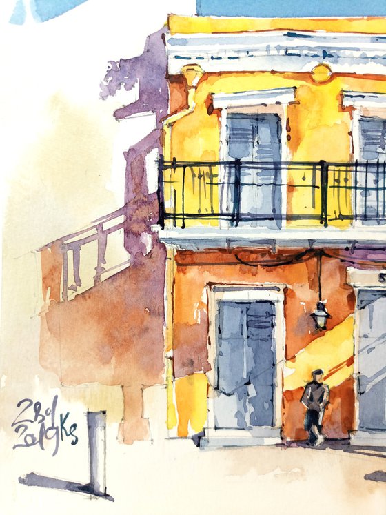 "Bright yellow house" watercolor sketch original illustration